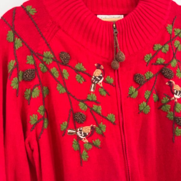 Coldwater Creek size 1X Red Embroidered Bird Cardigan Sweater zip Cotton - Picture 4 of 9